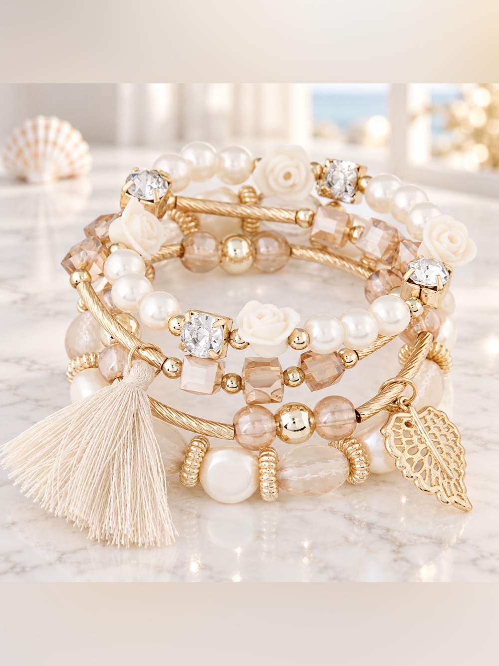 White Gold Boho Layered Bracelet Set Faux Pearl Floral Crystal Tassel Leaf NEW